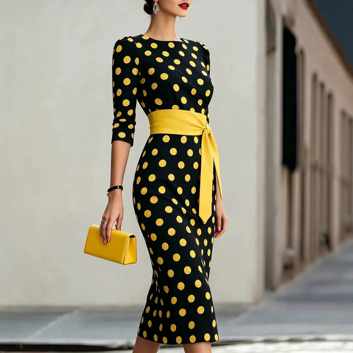 Retro Polka-Dot Belted Bodycon Dress – Elegant Knit Midi Dress for Women Canada