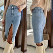 Fashion Solid Front Split Midi Denim Skirt