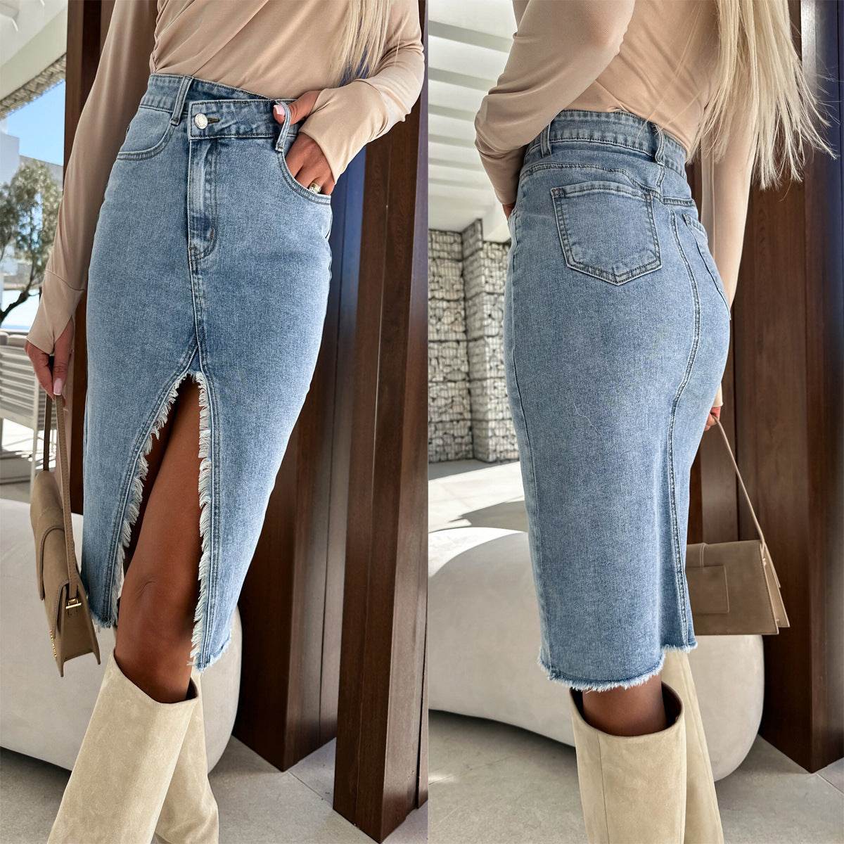 Fashion Solid Front Split Midi Denim Skirt