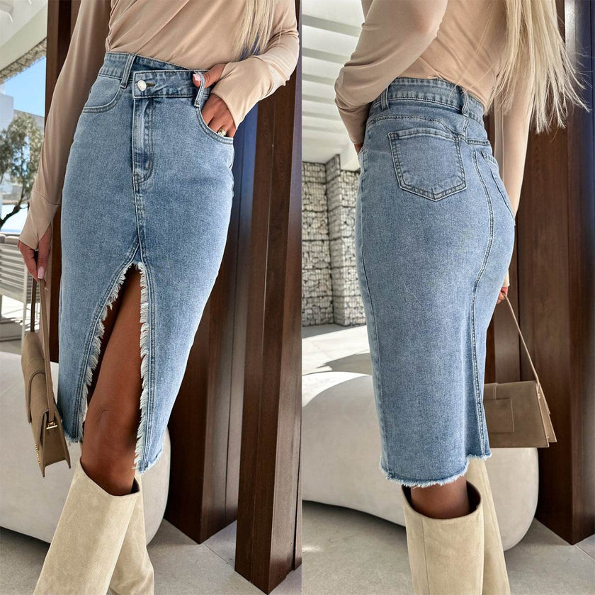 Fashion Solid Front Split Midi Denim Skirt