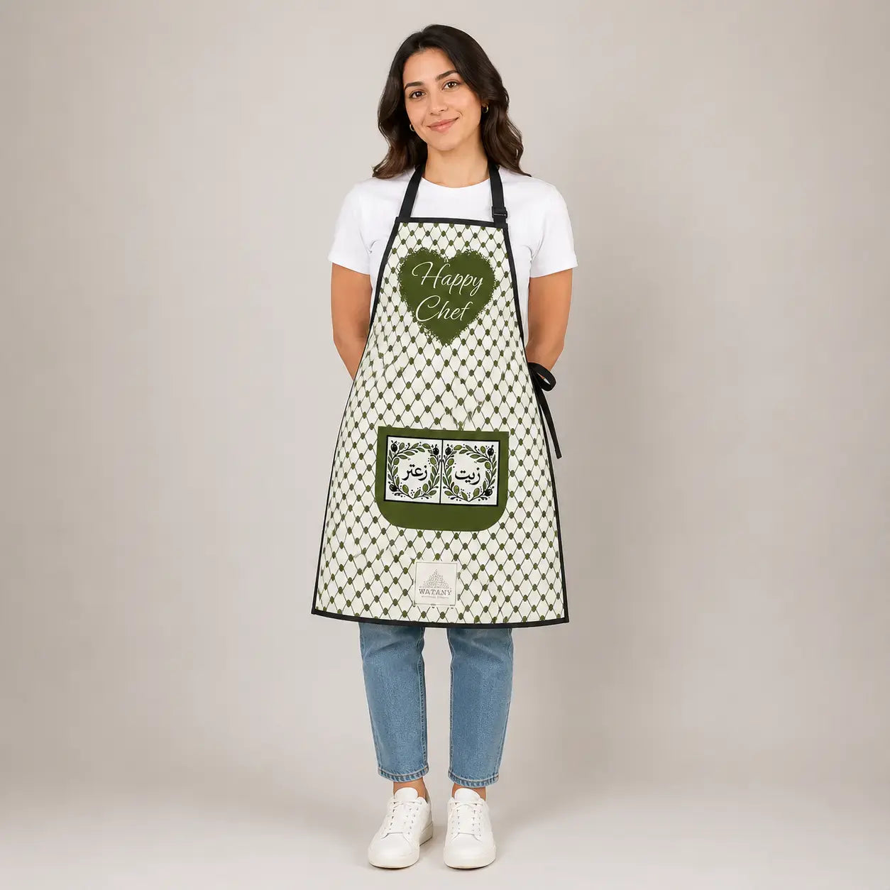 Happy Chef Palestinian Keffiyeh Apron – Olive Oil & Za’atar Pocket Kitchen Apron