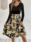 Floral Print Long Sleeve Skirt - Round Neck Flared Dress