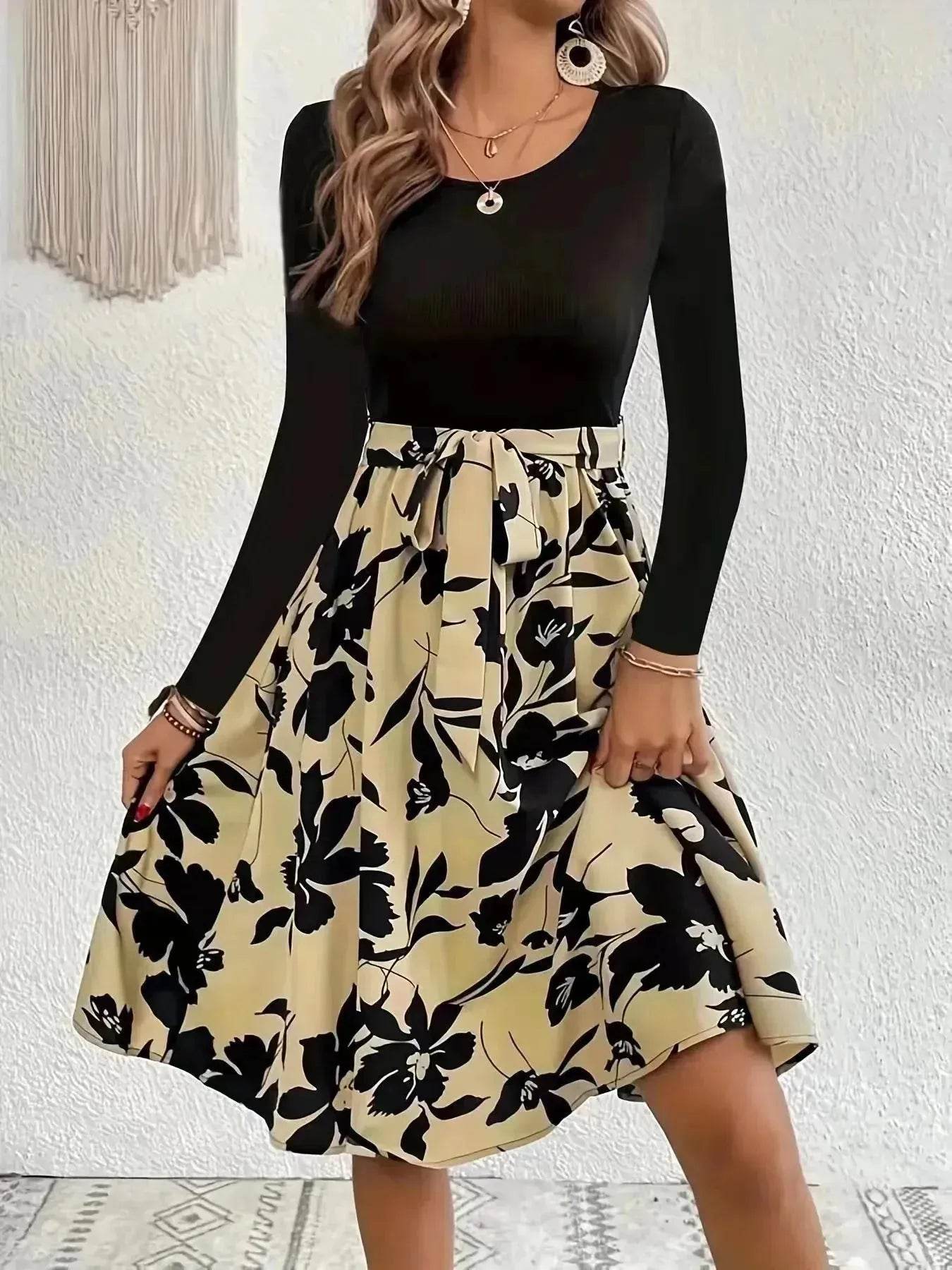 Floral Print Long Sleeve Skirt - Round Neck Flared Dress