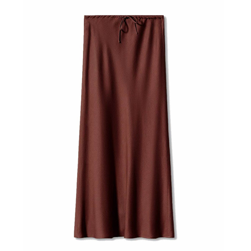 High Quality Satin Silk High Waist Drawstring Lace-up Solid Women Satin Midi Skirt