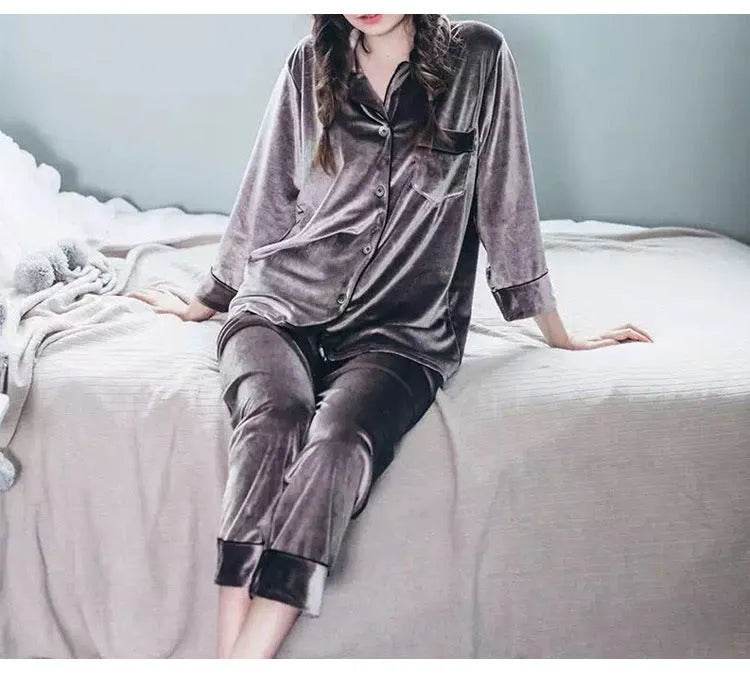 2pcs Couple Gold Velvet Long Sleeve Pajamas set
