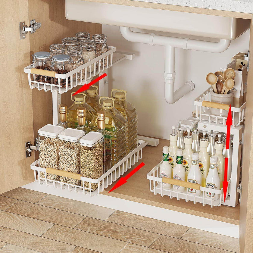 Metal Adjustable Height Two-Tier Drawer Kitchen Bathroom Under Sink Storage Rack