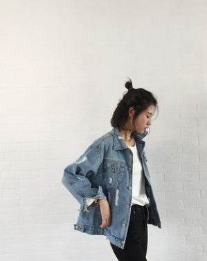 Unisex Casual Loose Wash Water Outwear Frayed Denim Jacket