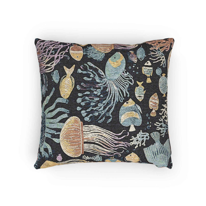 Underwater Jellyfish and Fish Woven Pillow | Ocean Reef Tapestry Cushion