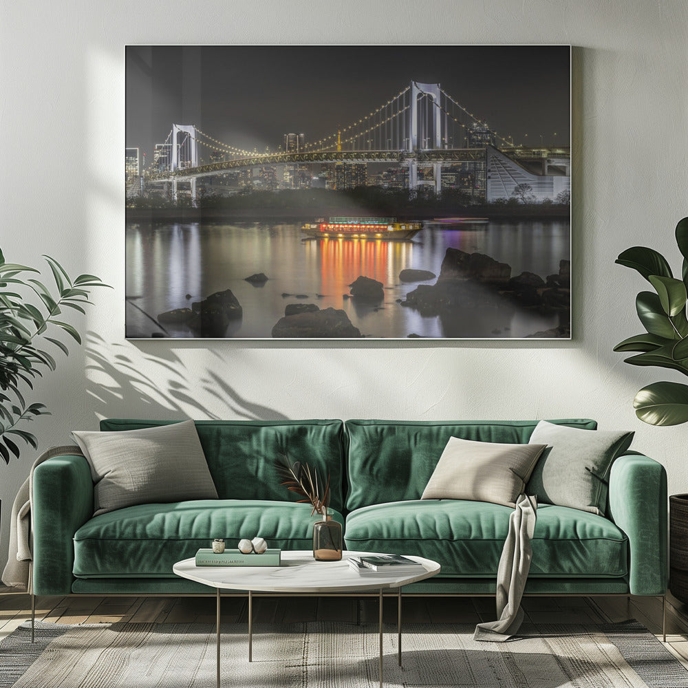 Illustration murale : Charme du pont arc-en-ciel avec le panorama de la skyline de Tokyo en soirée.