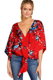 New V Neck Blouse Women Leopard Print Floral Tie Front Blouses Batwing Summer Oversize Ladies Tops
