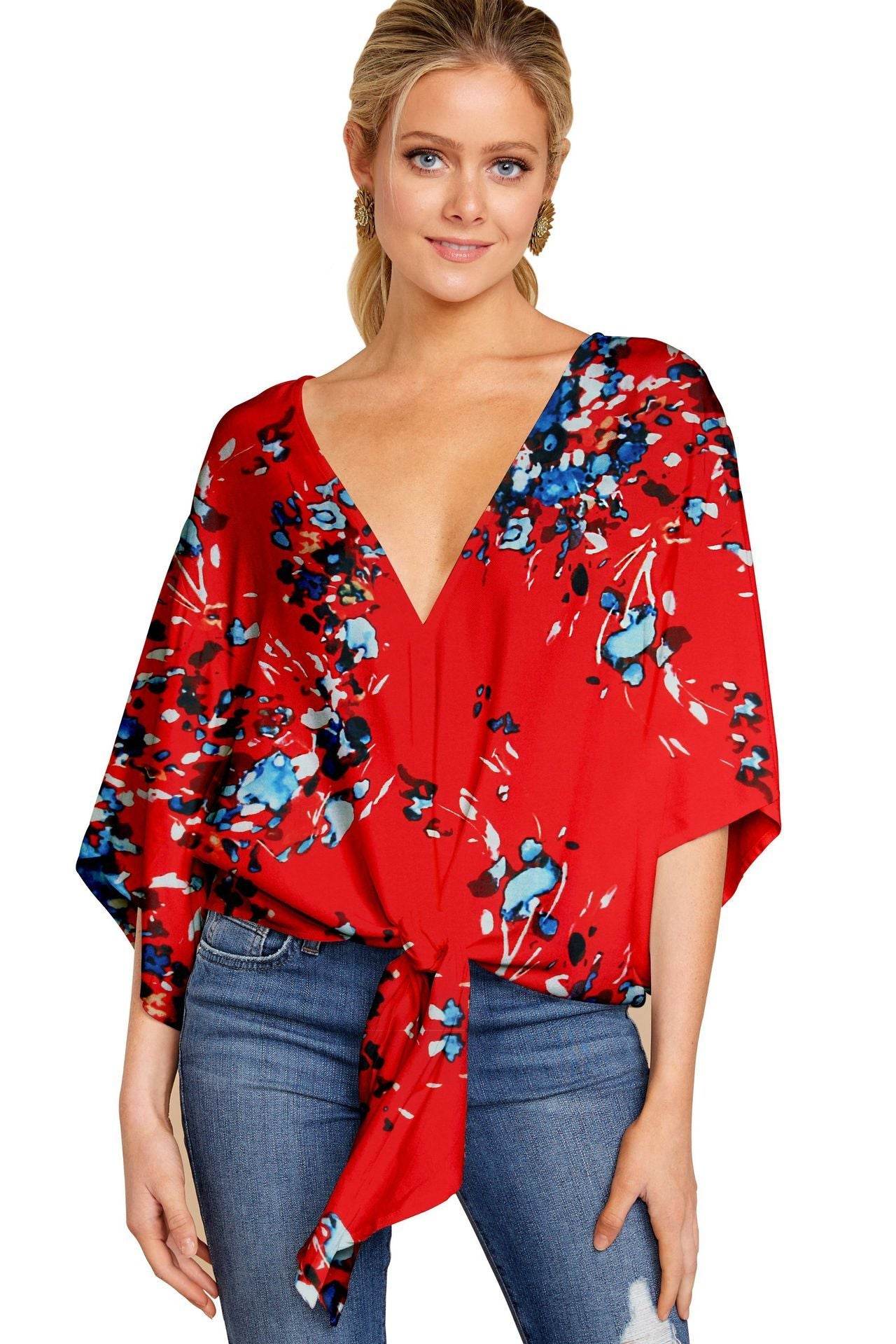 New V Neck Blouse Women Leopard Print Floral Tie Front Blouses Batwing Summer Oversize Ladies Tops