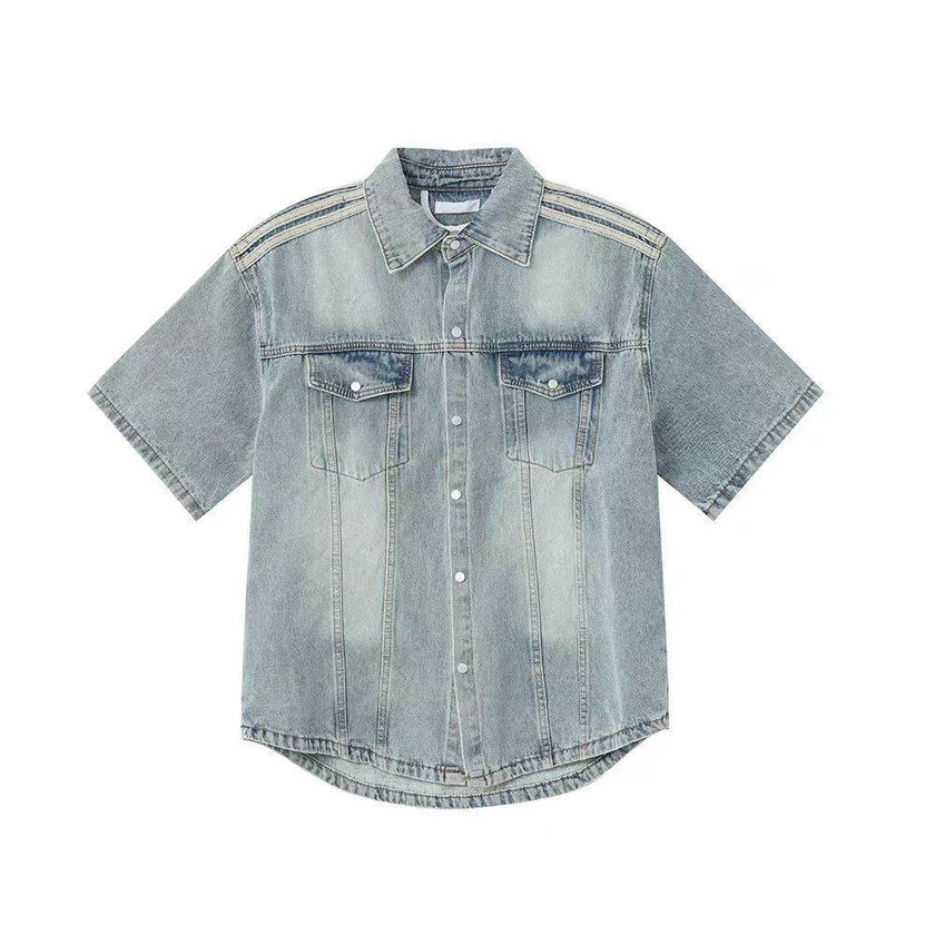 Retro Side Three Bar Stripes Short Sleeve Denim Shirt Outfit Men Jeans