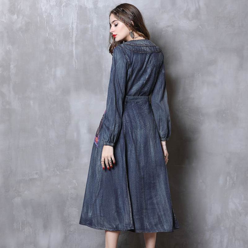 Elegant Classy Long Sleeve Denim dress with belt Flared Embroidered Jeans Dress