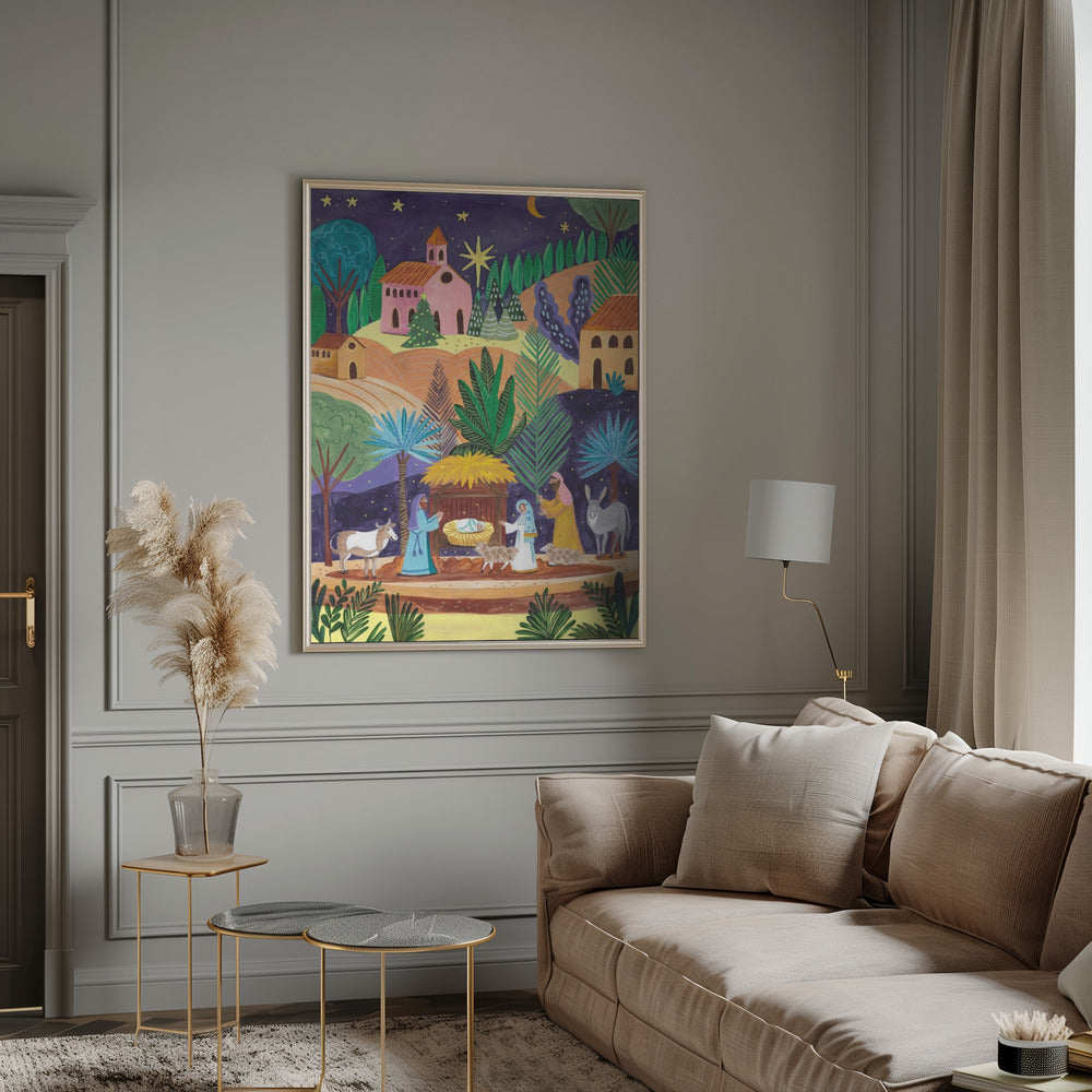 Impression sur toile d'art mural : Scène de la Nativité, nuit étoilée