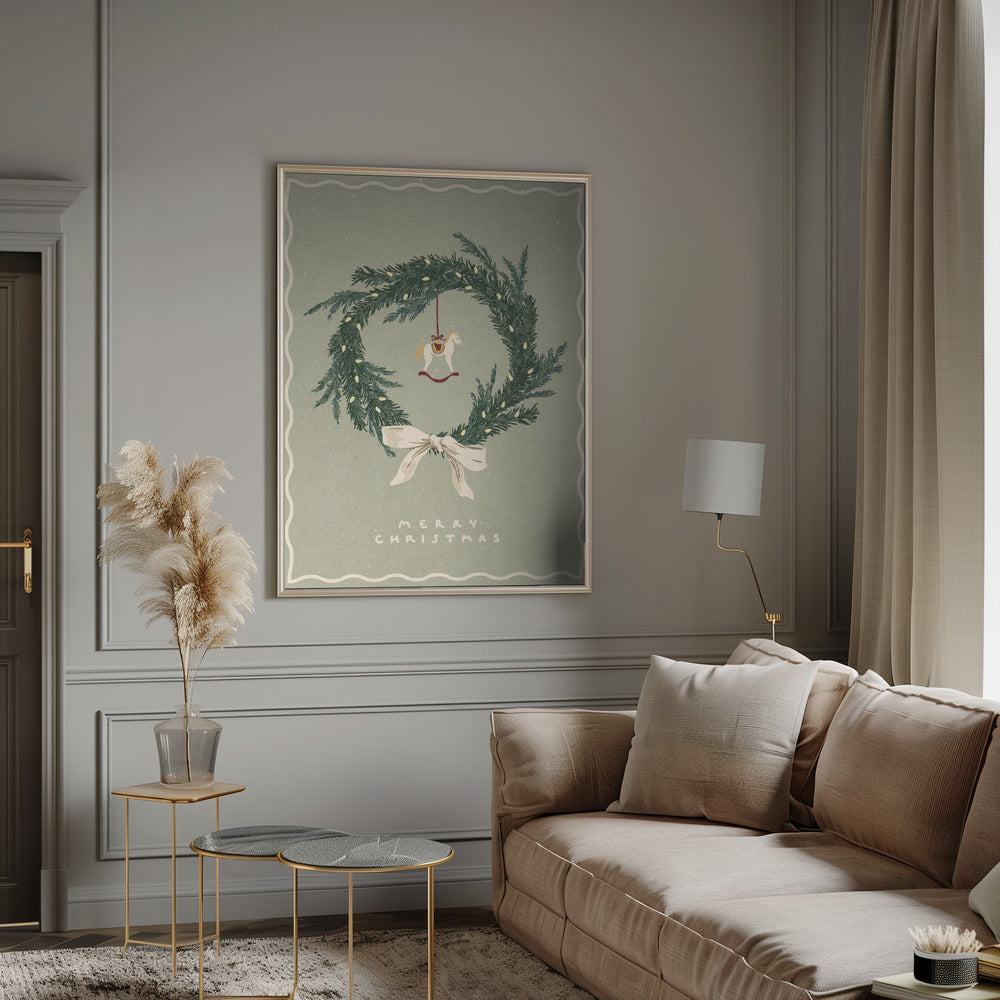 Impression sur toile : décoration murale, jouet en forme de cheval sur une couronne de Noël avec nœud.