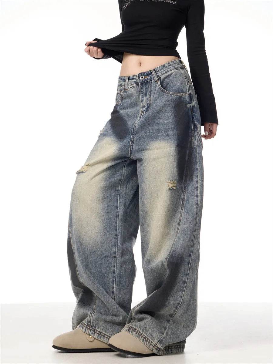 Splash Ink Ripped Machete Baggy Jeans Pant For Women Loose-fitting Wide-leg Trousers