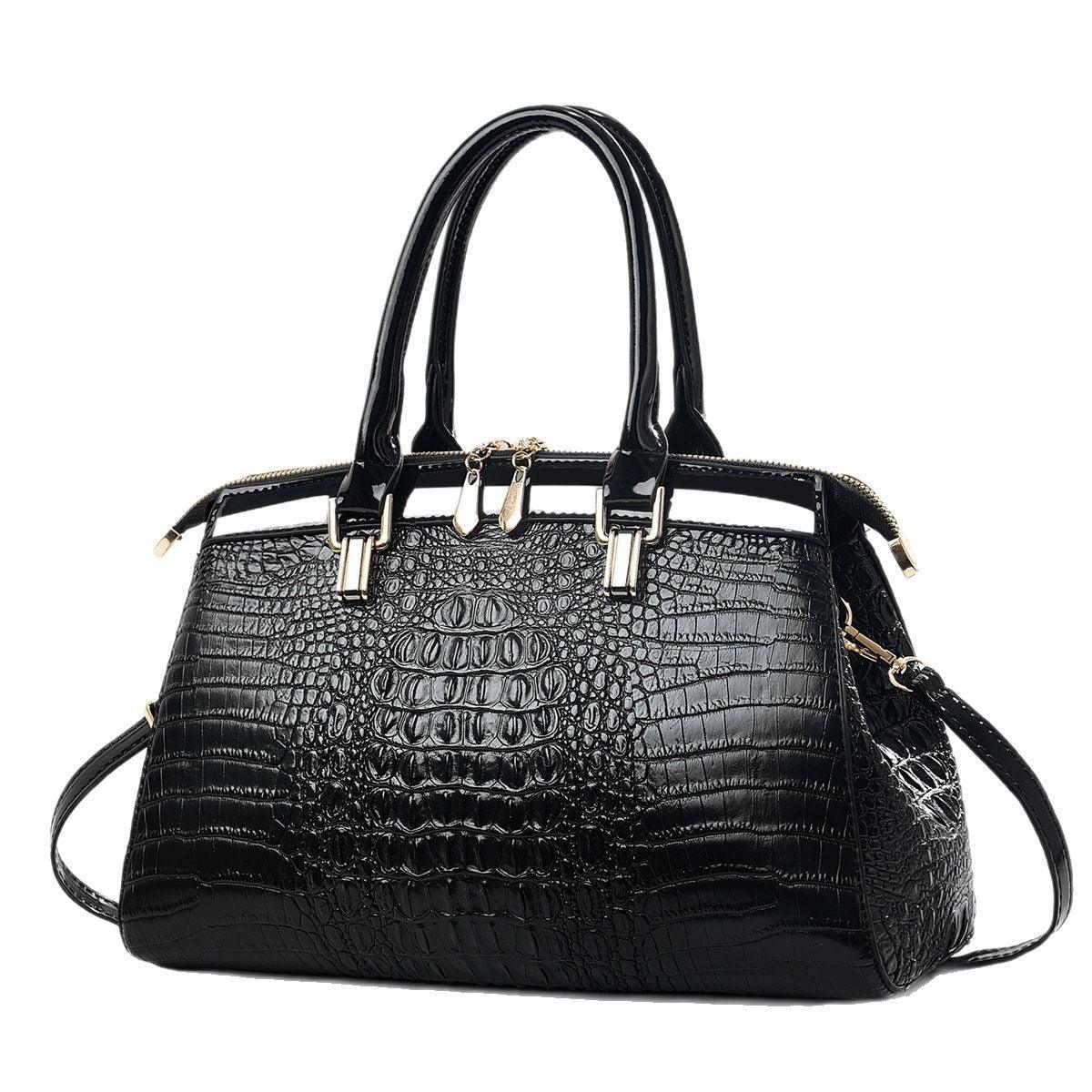 Women's Large-Capacity Patent Leather Commuter Handbag with Crocodile Pattern