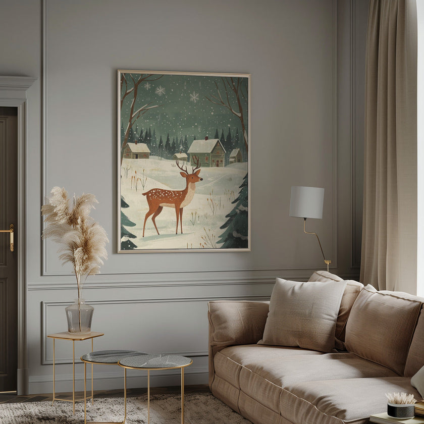 Impression sur toile verte représentant un cerf, motif hivernal et de Noël.