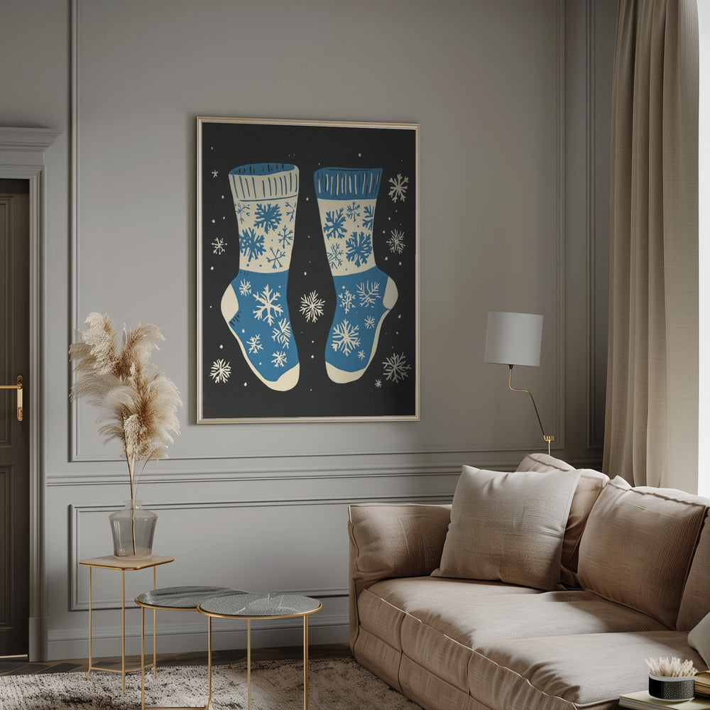Impression sur toile de chaussettes vintage en tricot bleu sur fond noir.