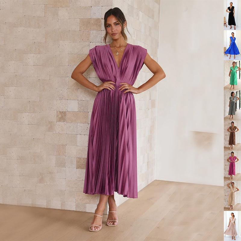 Women's V-Neck Pleated Midi Dress – Sleeveless Zip Casual Summer Dress