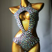 Women's Mesh Diamond One-Piece Swimsuit – Rhinestone Sheer Overlay Swimwear