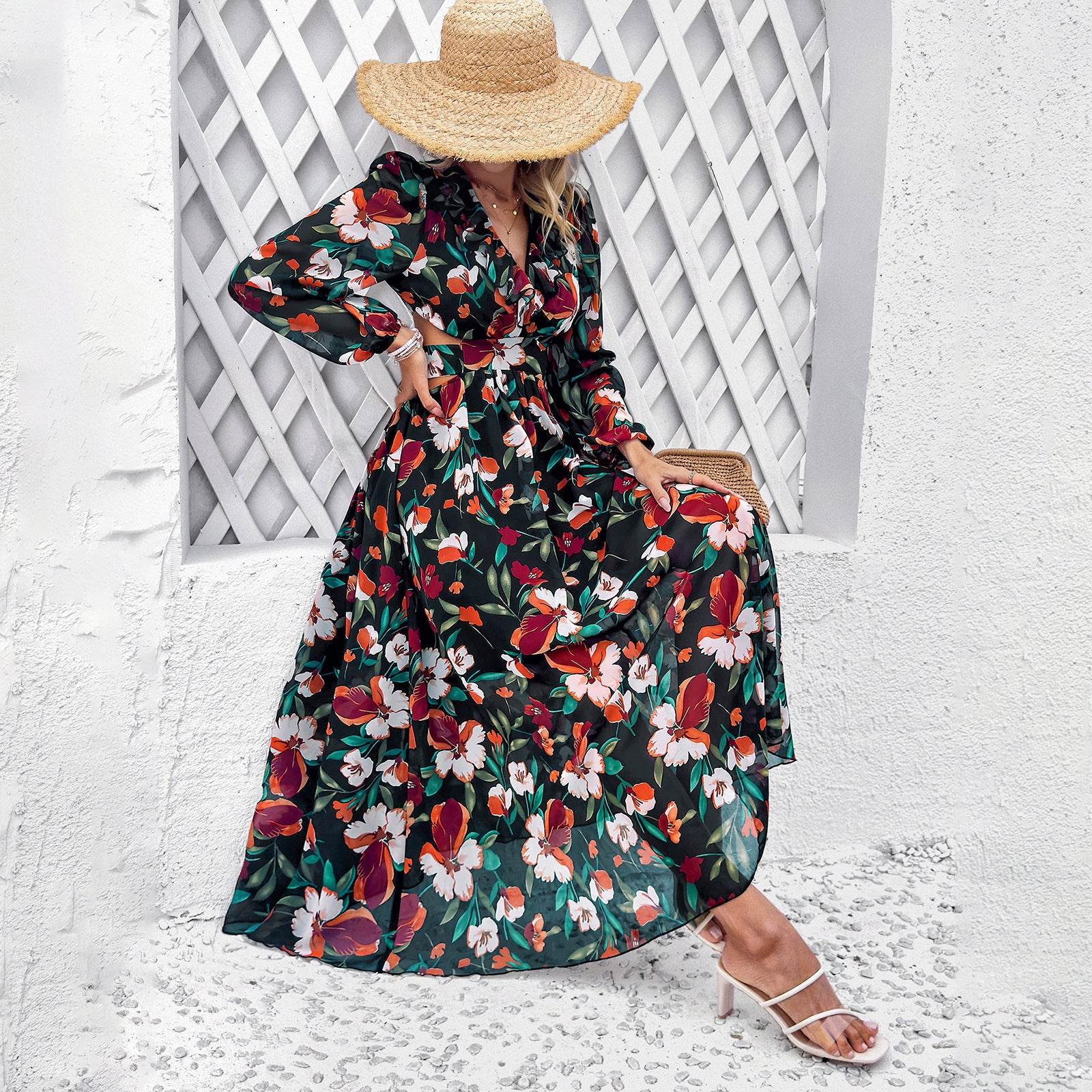 Fashion Florals Print Long Sleeve Dress Casual Holiday Tight-waisted V-neck Dresses Women Clothing