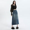 High Waisted Denim Skirt Long Cotton Solid Style