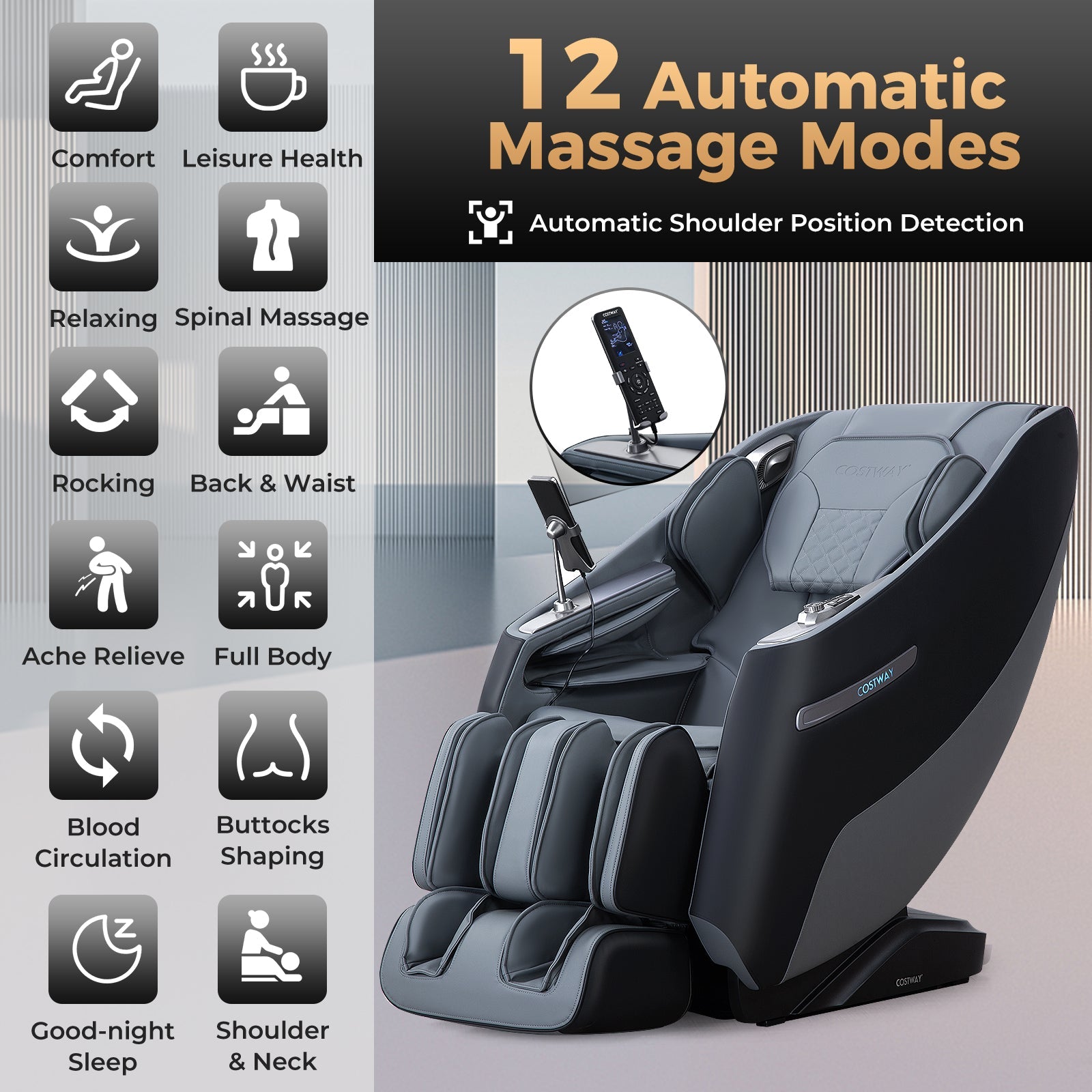 Mega Sale-Costway-Premium 3 Level Zero Gravity Full SL Track, Massage Chair With Heat- Dual Foot Rollers-Intelligent Body Scan With Shiatsu Rollers-JL10029WL
