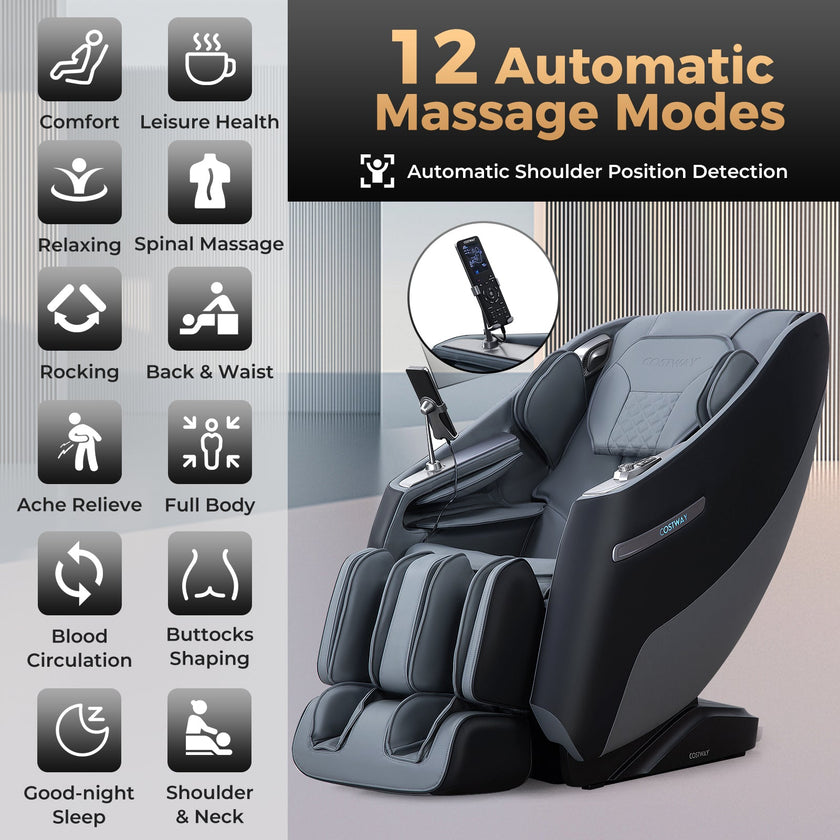 Mega Sale-Costway-Premium 3 Level Zero Gravity Full SL Track, Massage Chair With Heat- Dual Foot Rollers-Intelligent Body Scan With Shiatsu Rollers-JL10029WL