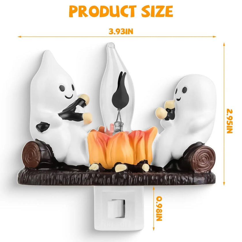 2Pcs Ghost Campfire Flickering Flame Night Light Indoor 3D Funny Halloween Nightlight Decoration Bedroom Night Light Halloween Decoration Gift For Friend Family