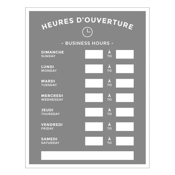 Affiche plastifiée, heures d'ouverture, 6