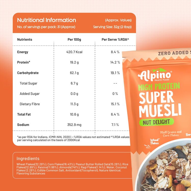 Super Muesli Nut Delight - 69% de céréales complètes, 20% de fruits secs et de noix, fruits infusés sans sucre ajouté - Riche en protéines et en fibres - Céréale de petit-déjeuner haut de gamme |