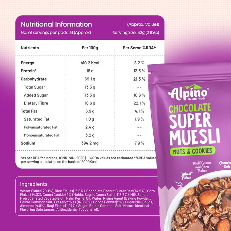 Super Muesli Riche en Protéines au Chocolat 400g – 61% de Céréales Entières, 14% de Fruits à Coque - 17% de Protéines, Source de Fibres Alimentaires et de Lipides Saines