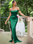 Sweetheart Neck Off shoulder Corset Style Satin Slim Fit High Slit Evening Gown Maxi Dress - Green