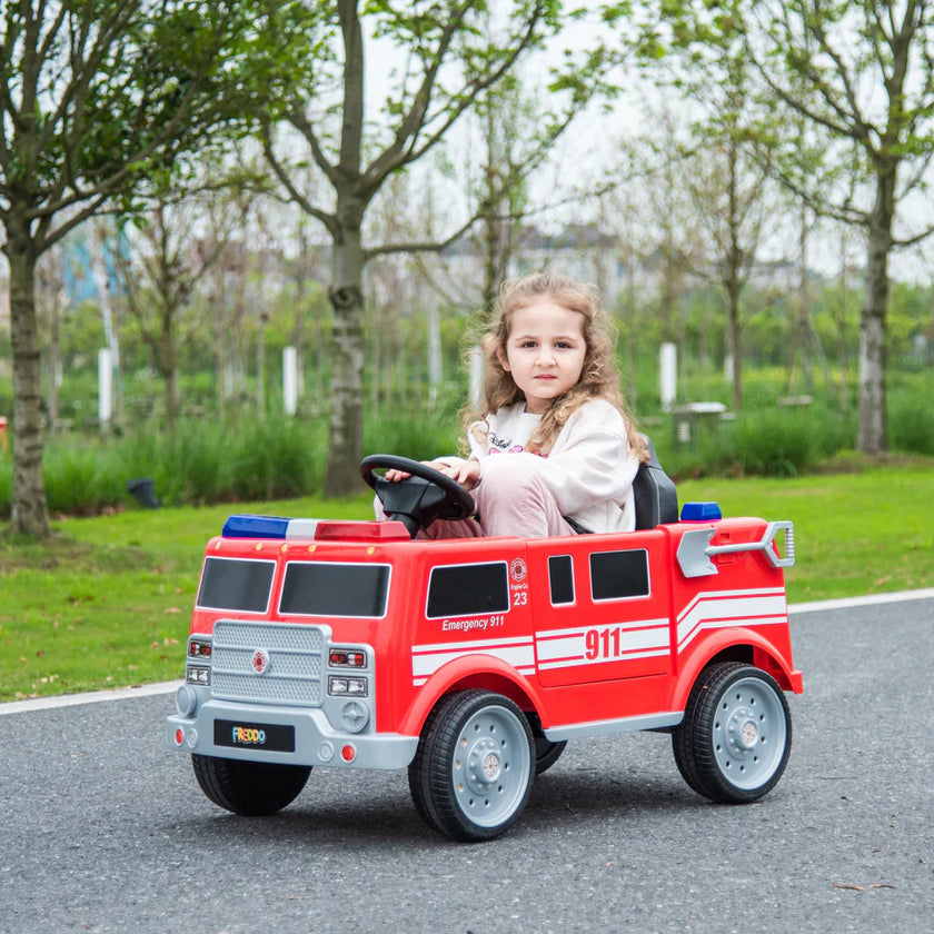 Voiturette électrique pour enfant 2025, modèle camion de pompier 12V DELUXE, avec télécommande.