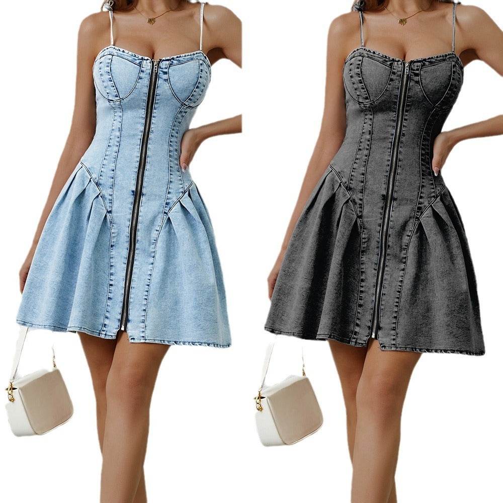 Chic Personality Street Splicing Sling Denim Mini Dress