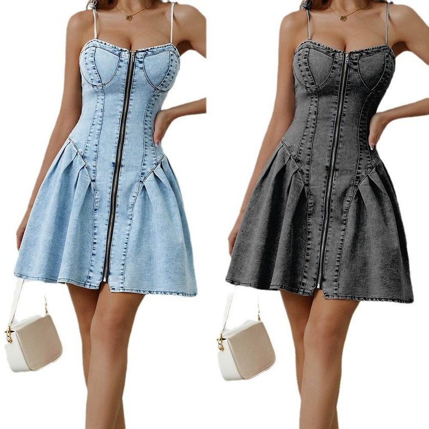 Chic Personality Street Splicing Sling Denim Mini Dress