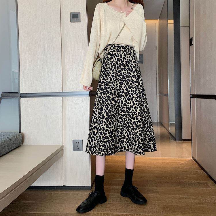 Women High waist Leopard color Midi Skirt