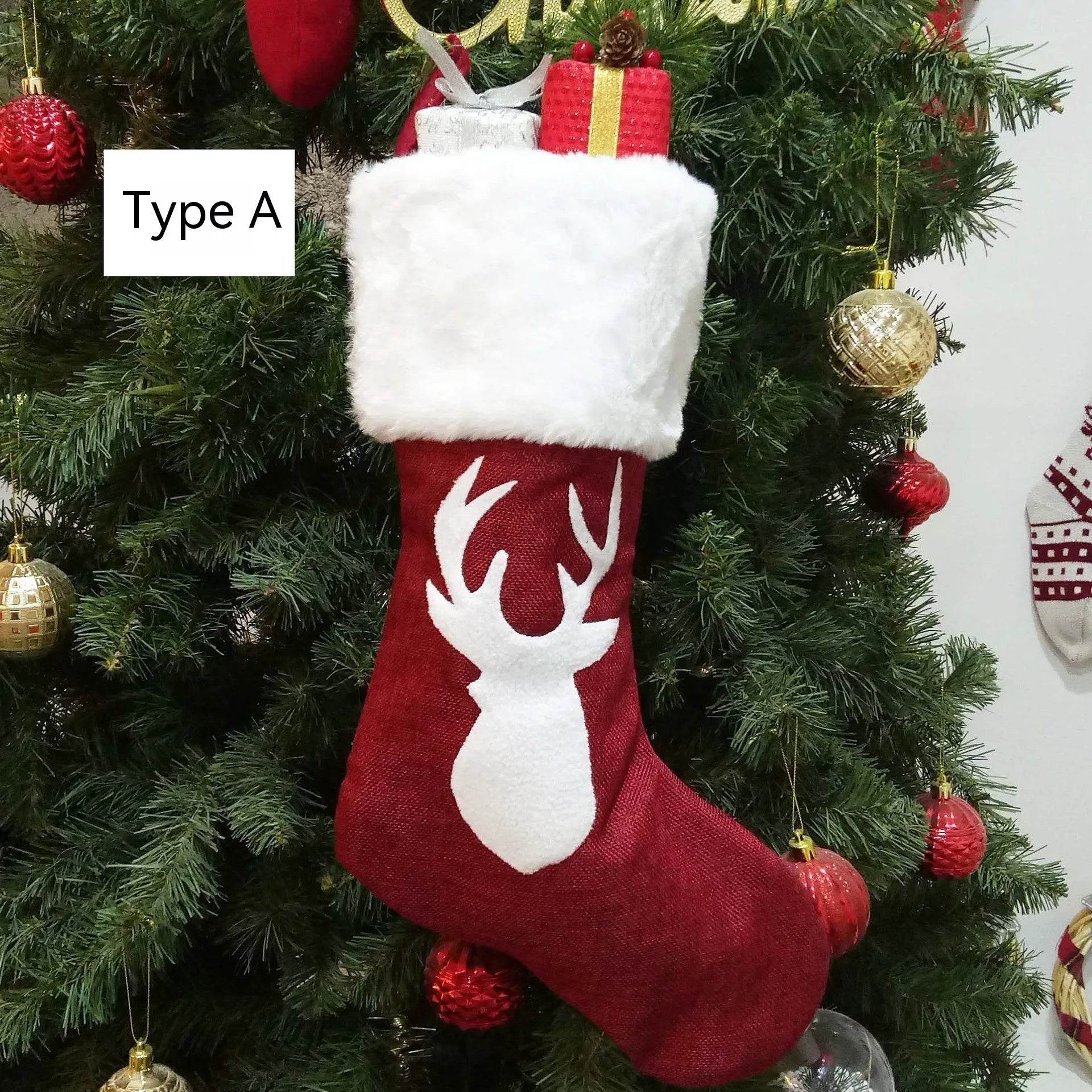 Christmas Stockings Gift Bag Red Hemp Elk Embroidery Christmas Stockings Gift Pendant