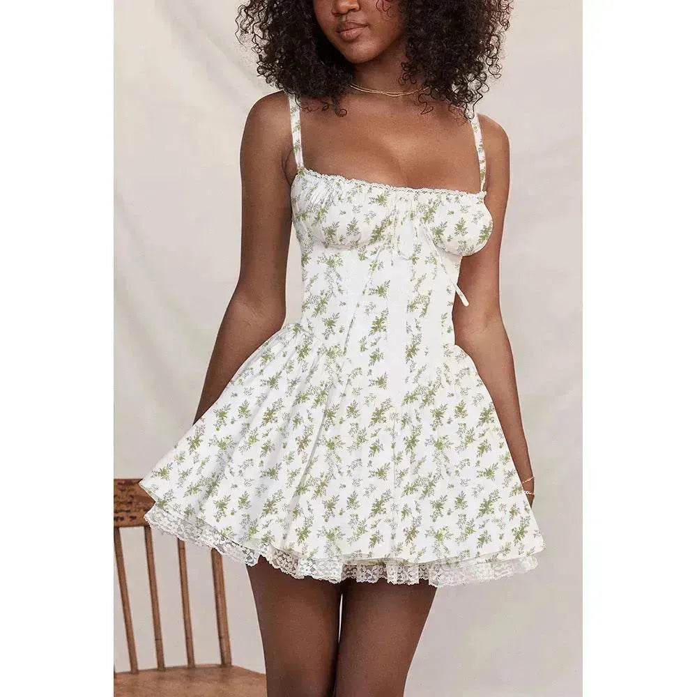 Elegant Chic Women Suspender Mini Skater Dress Summer Fashion Lace-up Slim Waist Pleated Short Dresses For Evening Party Cocktail Occasions