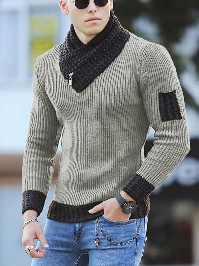 coofandy turtleneck - Independent Station Casual Slim Knit Pullover Long-sleeved Scarf Collar Sweater Men's