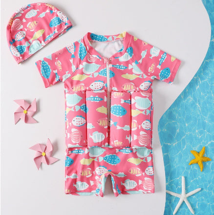 Kids One-Piece Buoyancy Swimsuit with Hat – Boys & Girls Long Sleeve UV Protection Swimwear