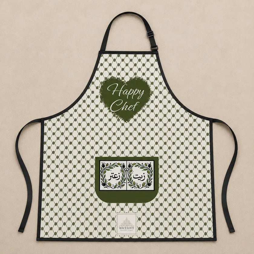 Happy Chef Palestinian Keffiyeh Apron – Olive Oil & Za’atar Pocket Kitchen Apron