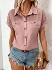 Lapel Shoulder Pleated Pocket Short Sleeve Top Shirt T-shirt Women