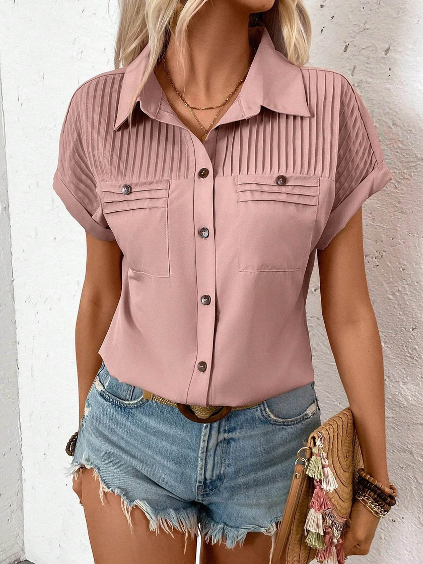 Lapel Shoulder Pleated Pocket Short Sleeve Top Shirt T-shirt Women