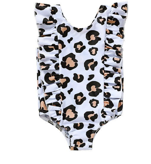 Girls Leopard Print One-Piece Swimsuit – Sleeveless Nylon Swimwear for Kids (80–120cm)