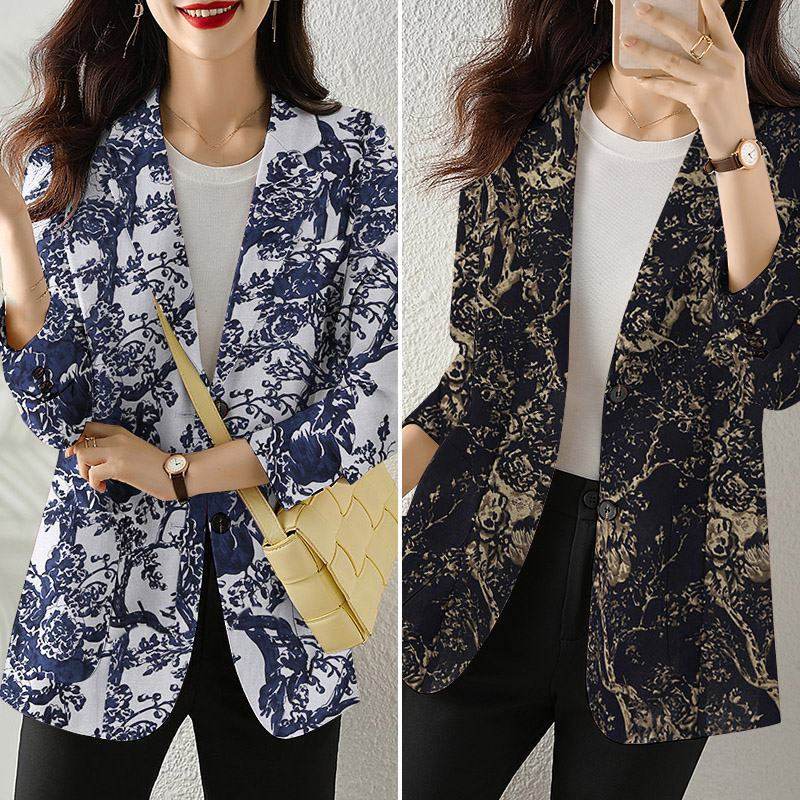 Women's Button Printed Long-sleeved Pocket Vintage Cotton And Linen jacket Blazer