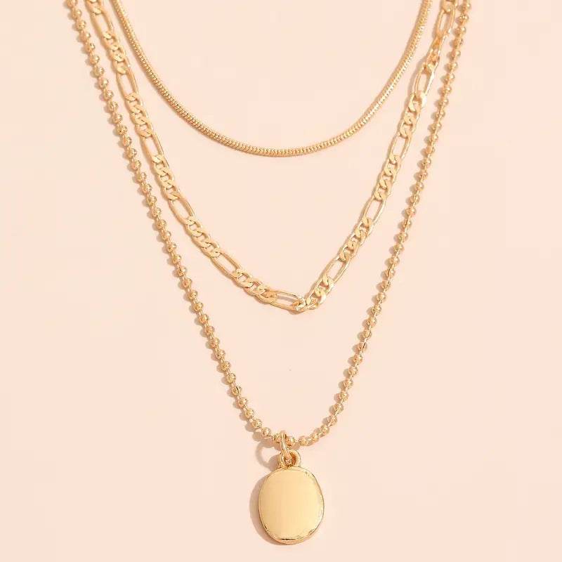 Vintage Geometric Metal Oval Pendant Necklace