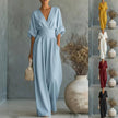 Women's Wide-Leg Jumpsuit High Waist Pleated Three-Quarter Sleeve Elegant Workwear