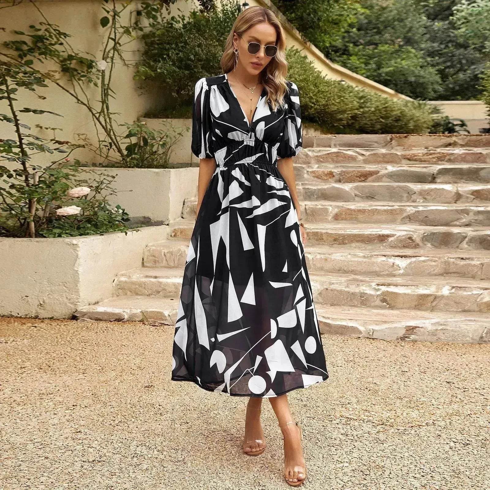 Summer Chiffon Floral Printed Temperament Waist-controlled V-neck Casual Midi Dress